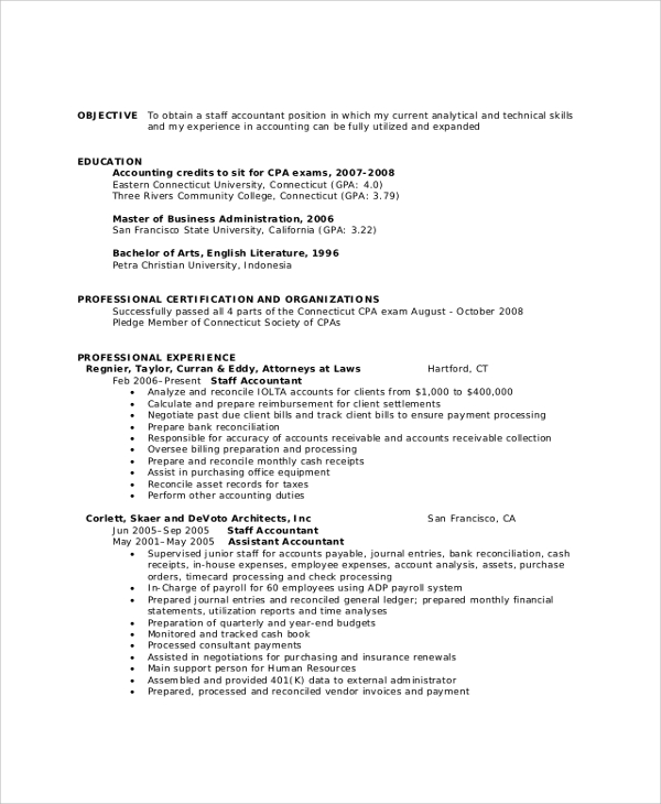 staff accountant resume objective