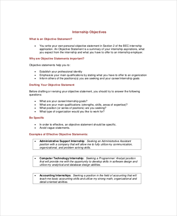 employment internship objective