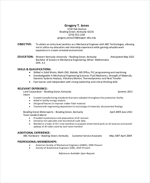 mechanical engineering resume objective