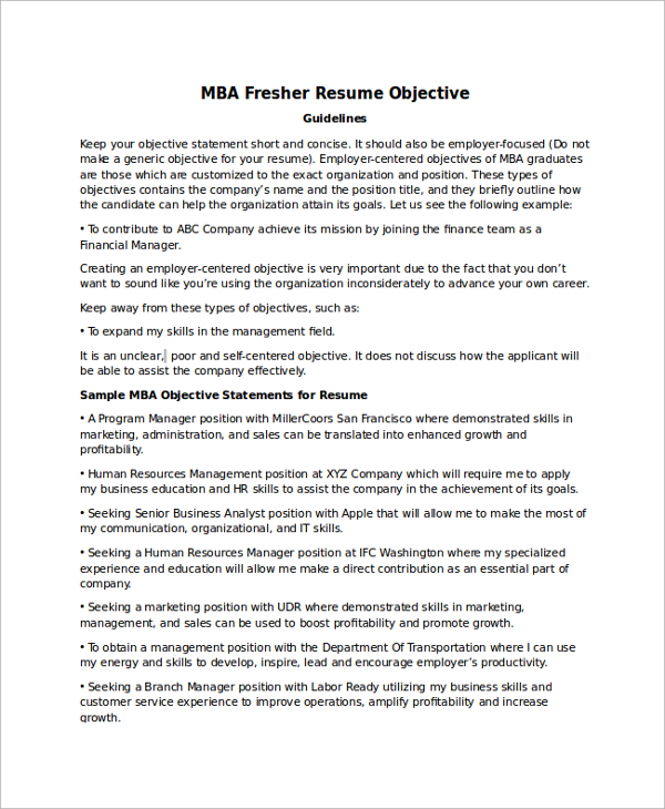 objective in resume for mba admission