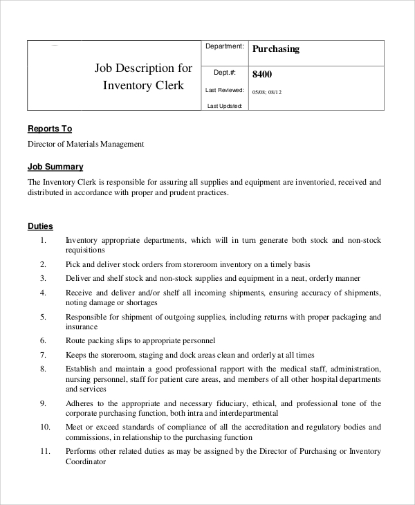 Inventory Job Description Responsibilities