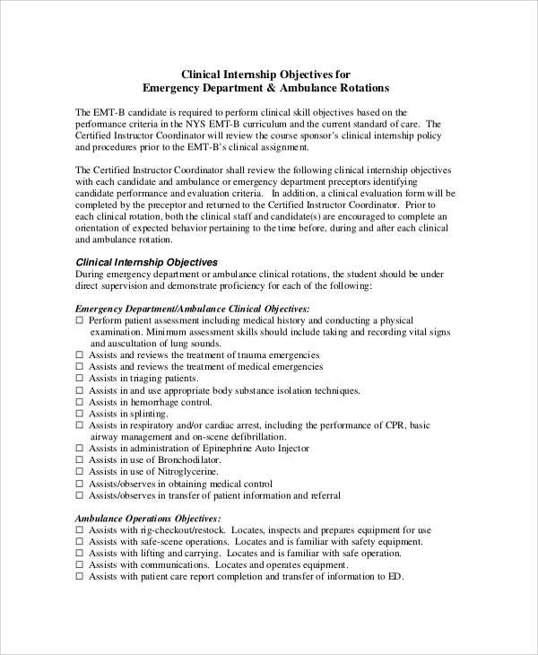 clinical internship objectives for emergency department