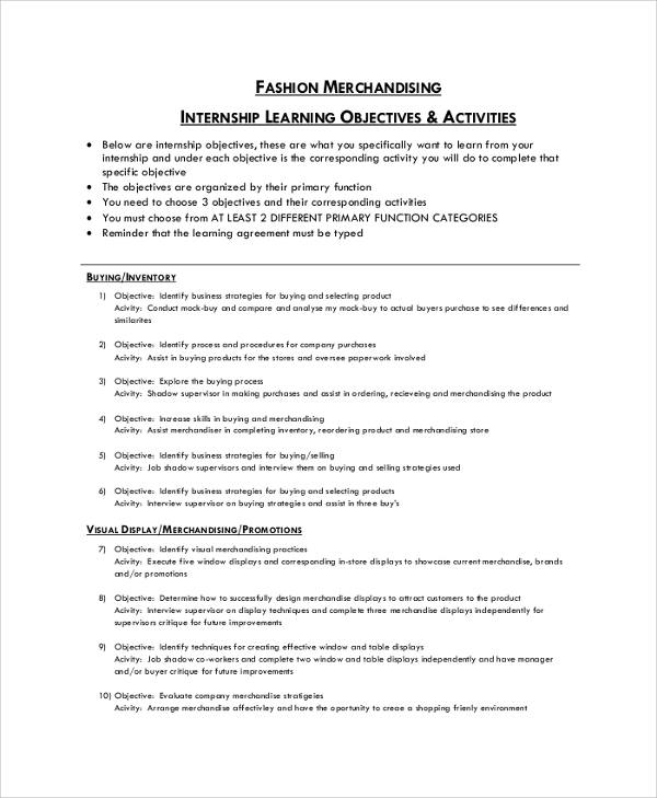 internship learning objectives activites