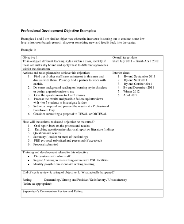 business development objectives examples for resume