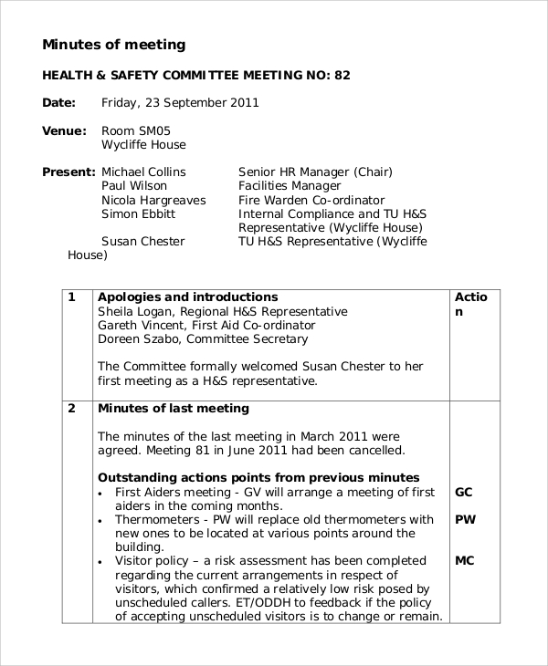 Safety Meeting Minutes Template Best Template Ideas