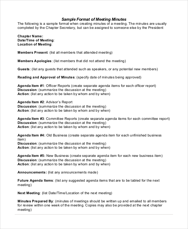 formal meeting minutes format