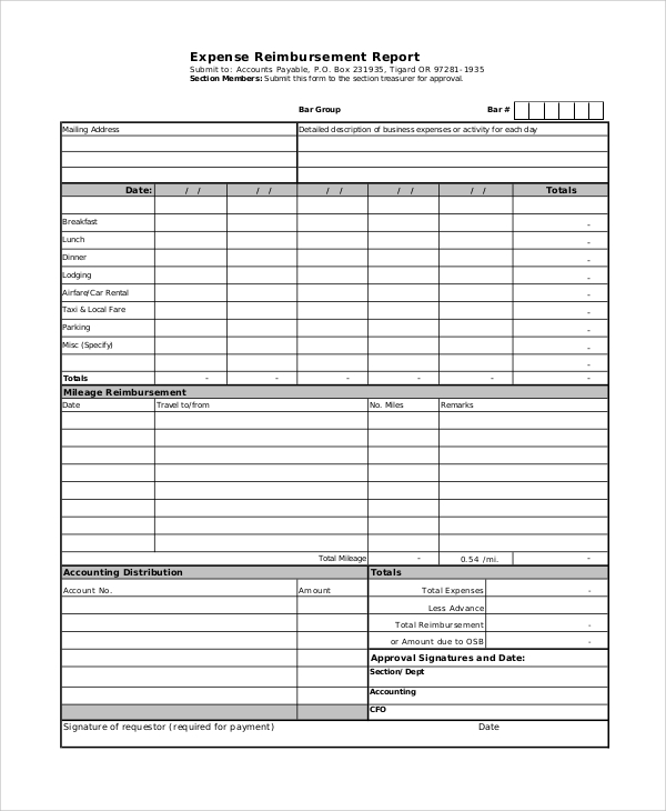 blank expense reimbursement report form