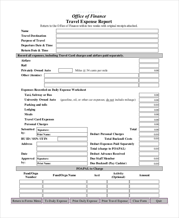 office of finance travel expense report