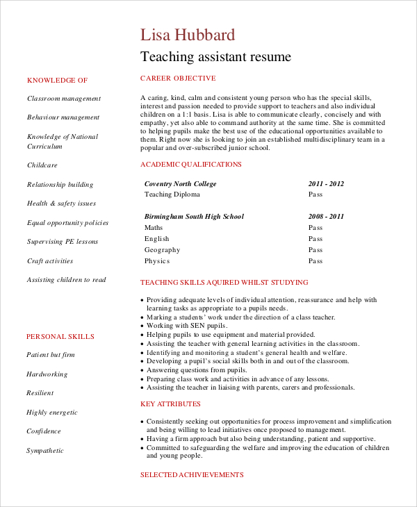 teacher assistant resume objective statement