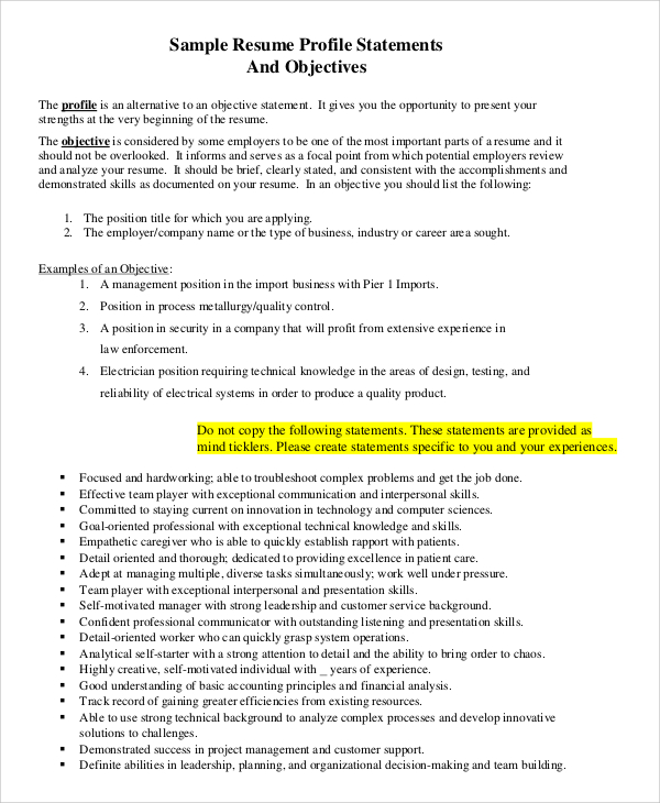 sample objective statement for resume