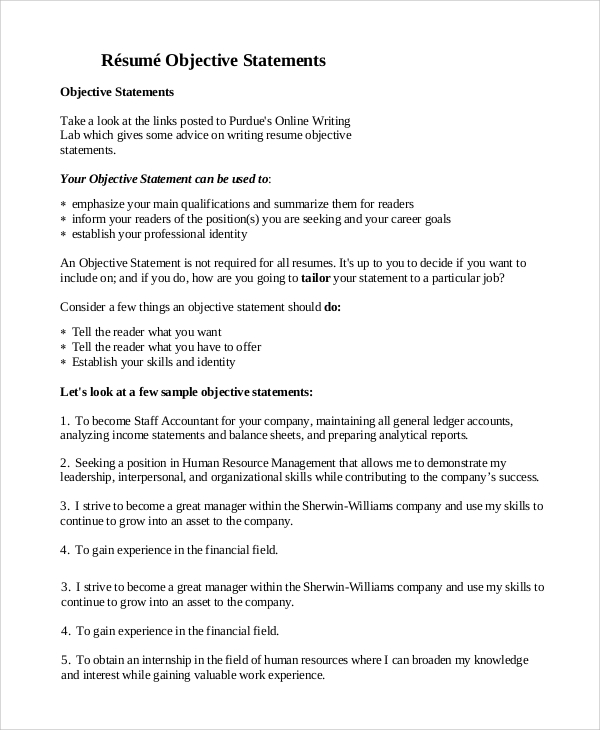 FREE 9 Sample Objective Statement For Resume Templates In PDF