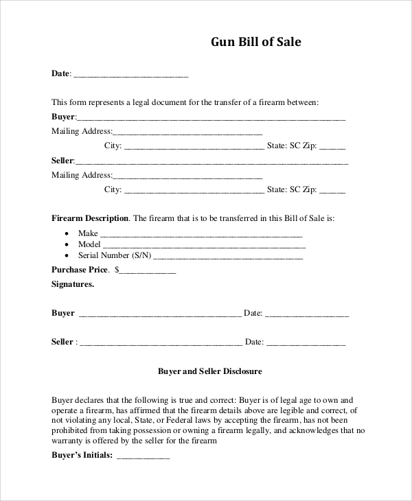 bill of sale form for gun