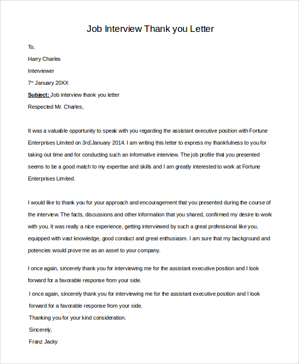 Sample Thank You Letter After Interview 8 Examples In Pdf Word