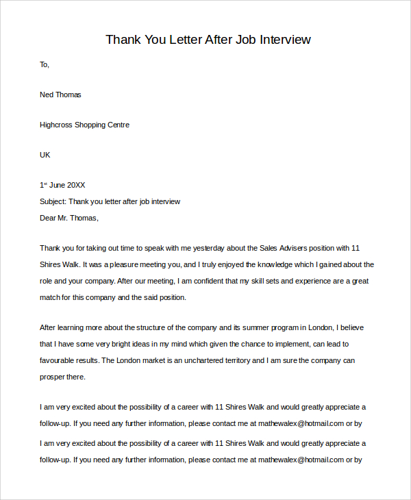 Free 12 Sample Thank You Letter After Interview In Pdf Ms Word 5498