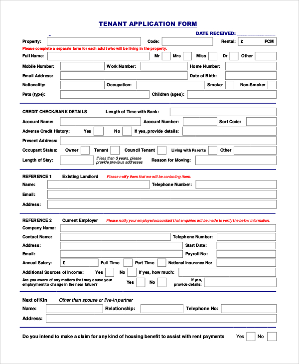 tenant rental application form