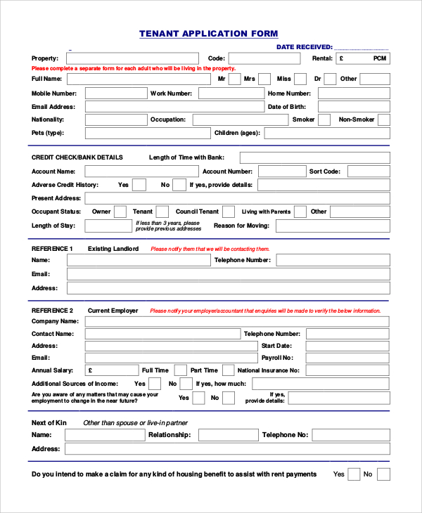 FREE 8 Sample Tenant Application Forms In MS Word PDF