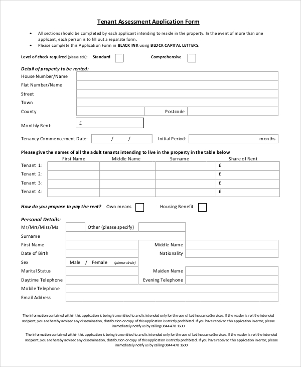 tenant assessment application form