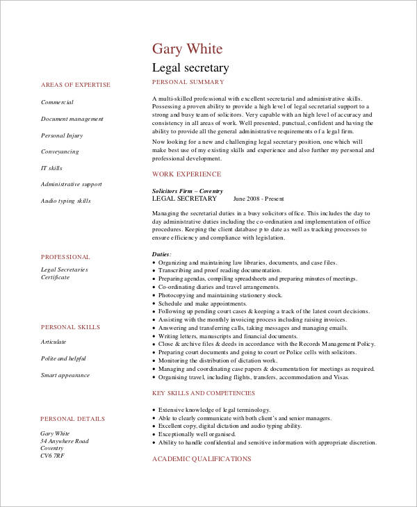 Legal Secretary Resume Examples