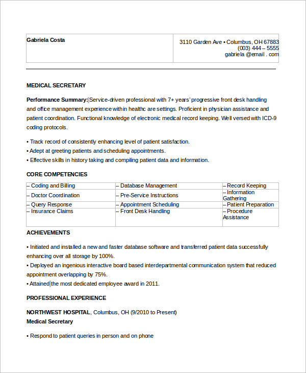 sample medical secretary resume