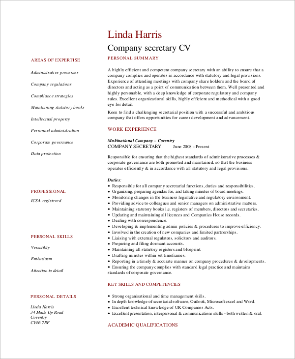 company secretary resume format