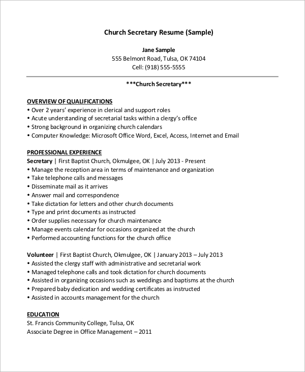 Sample Secretary Resume 9 Examples In Word PDF