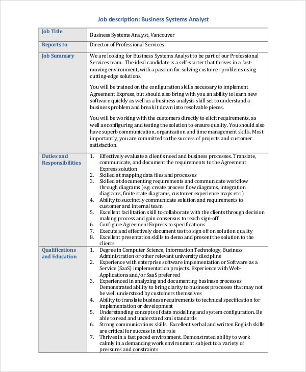 business systems analyst job description
