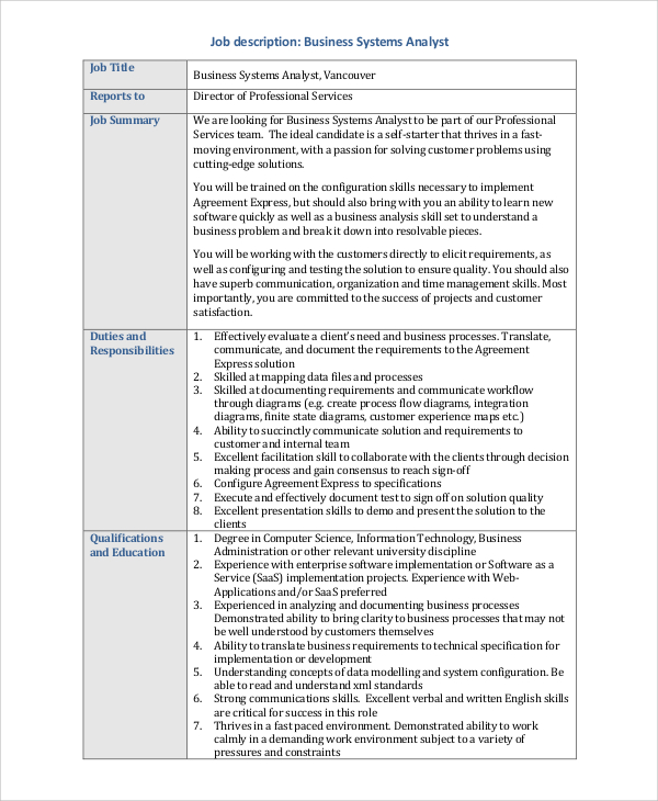 System Description Document   Business Systems Analyst Job Description 