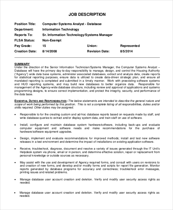 Job duties of computer system analyst