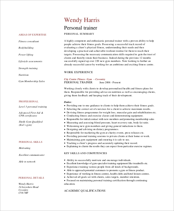 experienced personal trainer resume