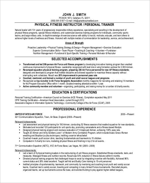 personal fitness trainer resume