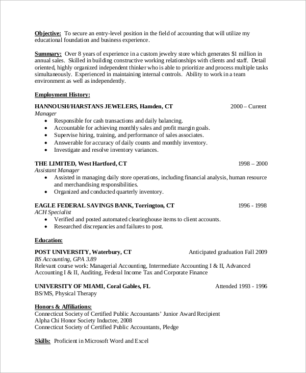 entry level accounting resume description