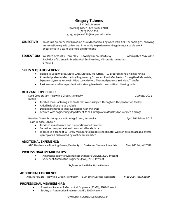 resume for entry level engineering student