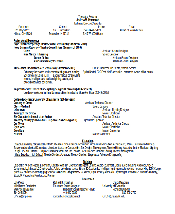 theatrical resume sample word