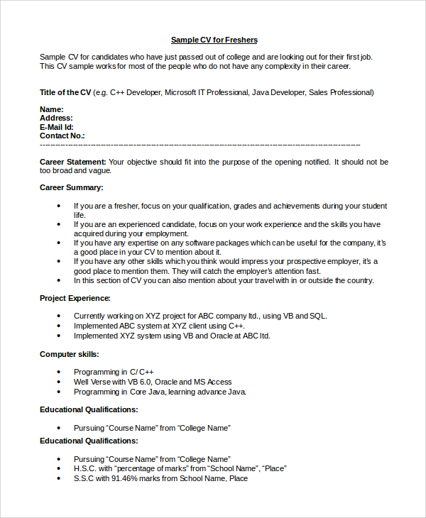 Fresher Resume Sample Word April 2021