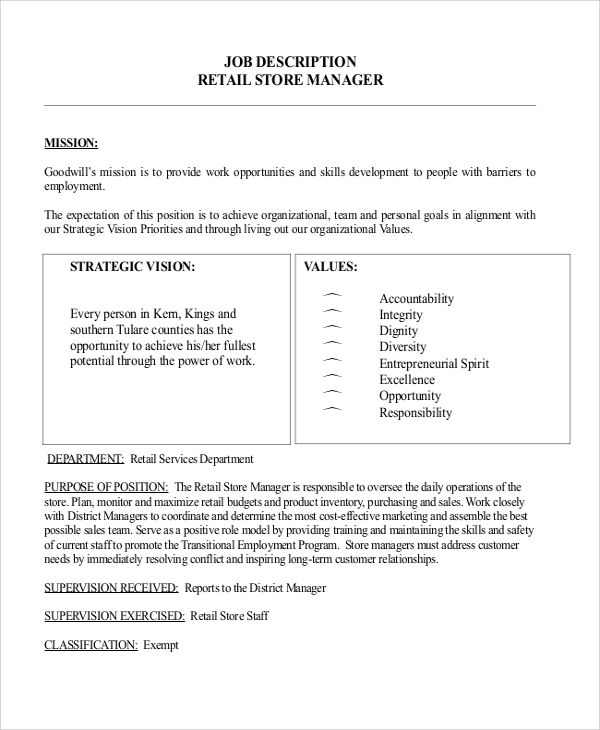 retail office manager job description for resume