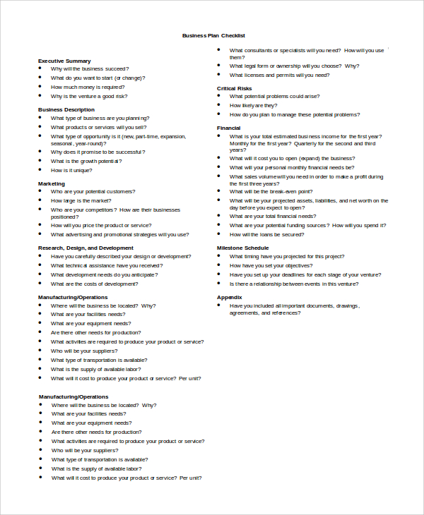 sample business plan checklist in word