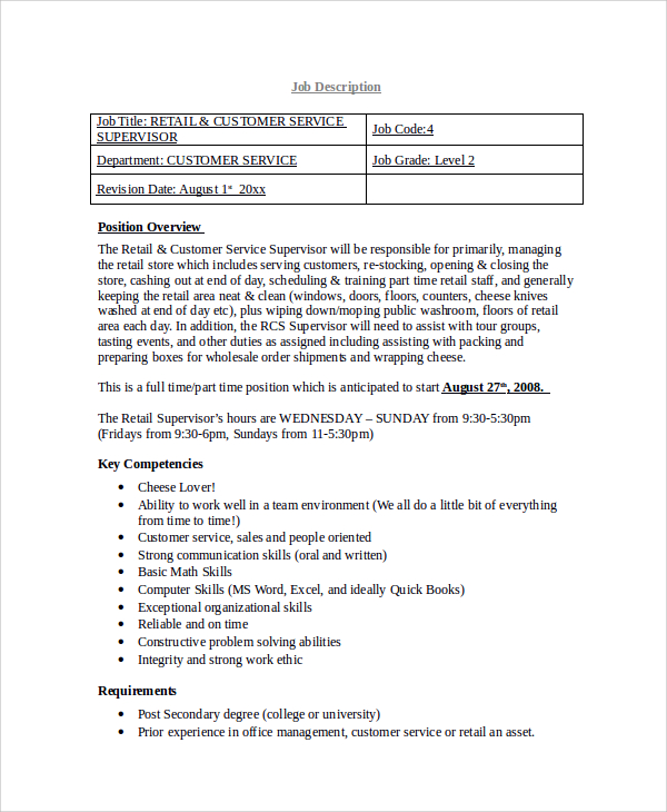 FREE 8 Sample Retail Job Description Templates In MS Word PDF