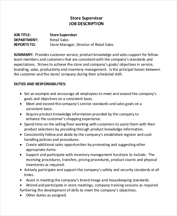 retail store supervisor job description