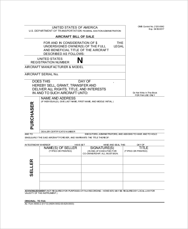 aircraft bill of sale example