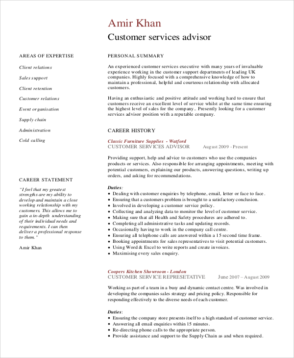 customer service advisor resume