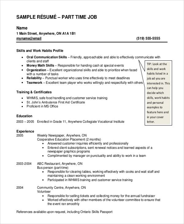 customer service resume for part time