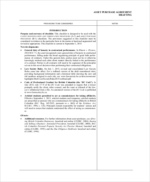asset purchase agreement checklist