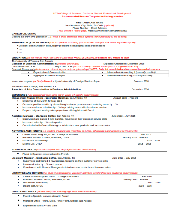 college resume templates