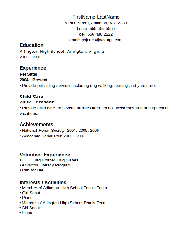 sample resumes for high school graduates with no experience