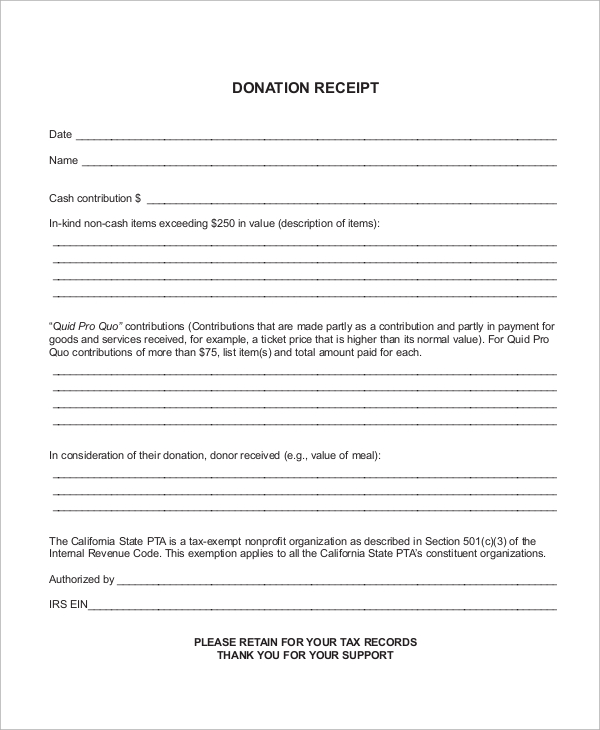 blank donation receipt