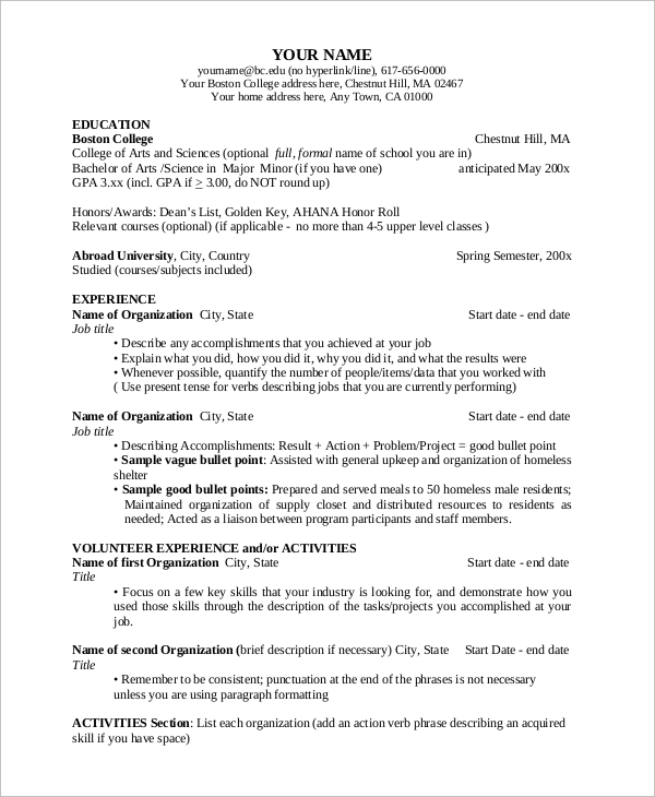 college resume outline