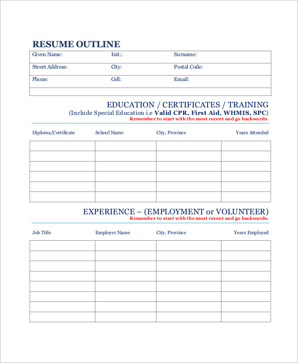 blank resume outline