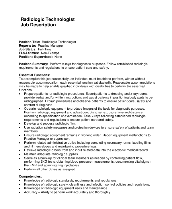 radiologic technologist job description