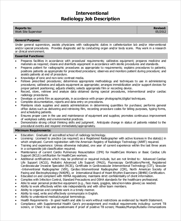 Interventional Radiographer Job Description