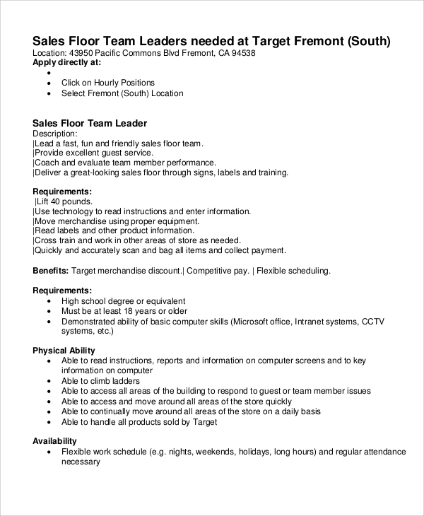 target sales floor team leader job description